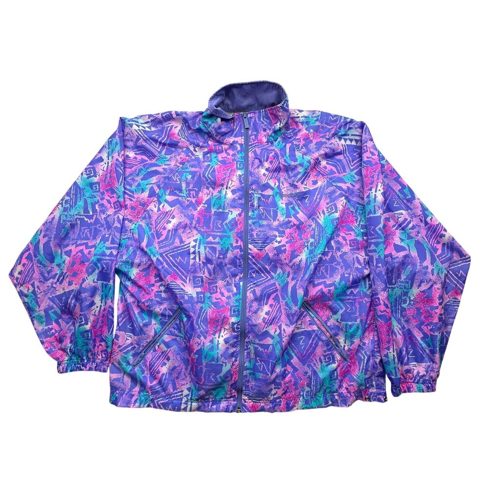 Vintage 80s 90s Reebok Sport Geometric Retro AOP Windbreaker Jacket Women Medium
